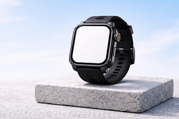 Modern Smartwatch Screen Mockup on Stone Surface with Blue Sky Background