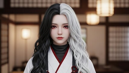 Beautiful Anime Style Portrait of Girl with Half Black Half White Hair