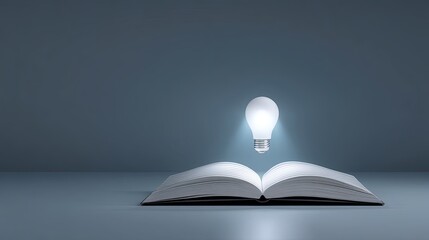 Open book with floating light bulb above representing ideas, creativity, and inspiration in a minimalist setting, suitable for education, motivation, and innovation themes