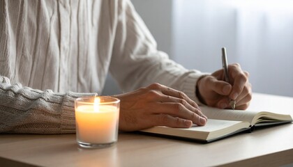 Person writing in a journal by candlelight.