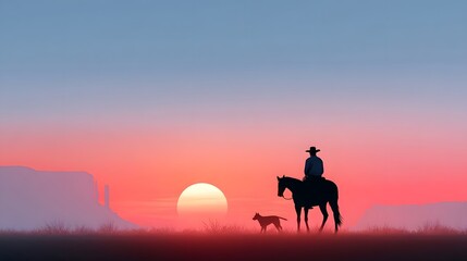 Fototapeta premium A lone cowboy on a horse accompanied by his dog observes a breathtaking sunset casting warm colors across a vast desert plateau with rocky formations in the distance