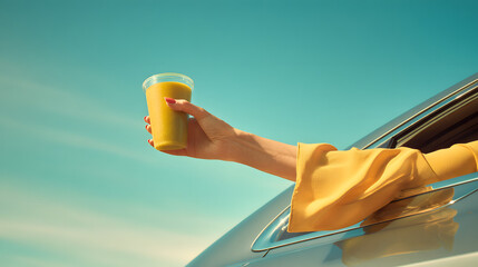 A woman's hand in a yellow rukai holds yellow juice in her hand  from the car