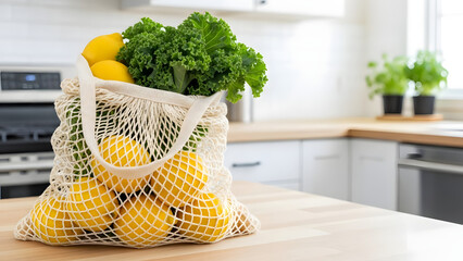 A white mesh bag filled with lemons and kale sits on a kitchen countertop, surrounded by modern kitchen appliances and decor. 