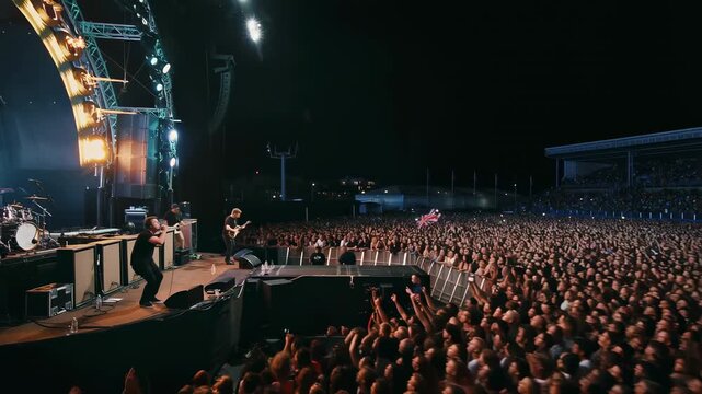 Exciting live concert performance with enthusiastic crowd and vibrant night lights - Powered by Adobe