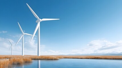 Renewable energy gene n with modern wind turbines in a serene natural landscape featuring a lake dry grass and scenic mountains