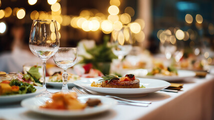 cutlery. Elegant table setting with gourmet dishes, evoking a sophisticated wedding banquet atmosphere. menu design, packaging mockups, designed for culinary blogs and recipe cards for restaurants.