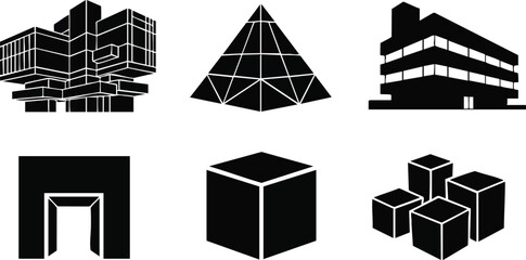 Minimalist vector silhouette of modern brutalist buildings pyramid and cubes arranged in grid low angle view black and white geometric architecture icons set isometric flat collection