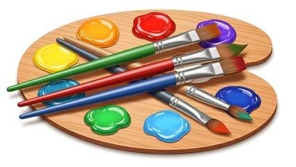Wooden artist palette featuring several colorful globs of wet paint neatly arranged alongside a collection of varied paintbrushes with bright handles ready for creative artistic expression