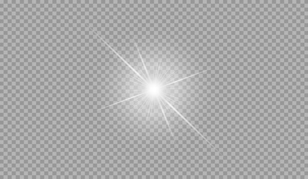 Bright white light burst lens flare effect isolated on transparent background for dramatic design overlays