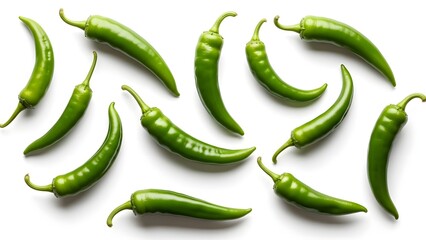 Various fresh vibrant green chili peppers are scattered artistically across a clean white background displaying their smooth glossy texture and curved shapes for culinary use.
