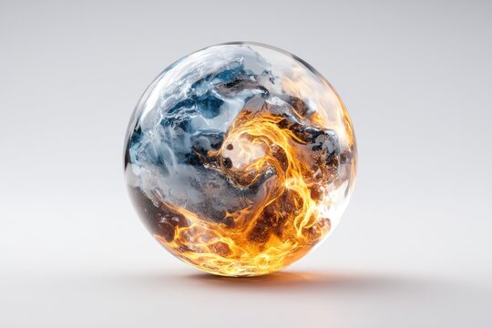 Transparent glass sphere with solar fire and arctic ice vortex for sci-fi concept art, clean tech innovation, futuristic energy research, climate science visualization, and advanced laboratory design
