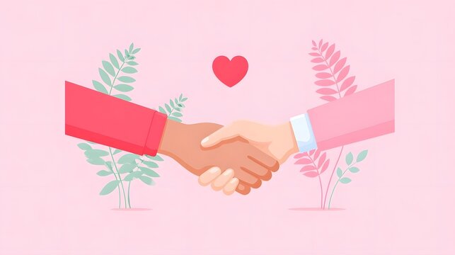 Illust n of diverse hands shaking in partnership and agreement with a heart and plants symbolizing  connection and support