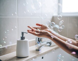 Clean Hands Wash Soap with Bubbles in Bright Bathroom Scene