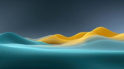 Abstract landscape with soft curves in blue and yellow hues, showcasing fluid shapes against a dramatic dark sky for modern design elements