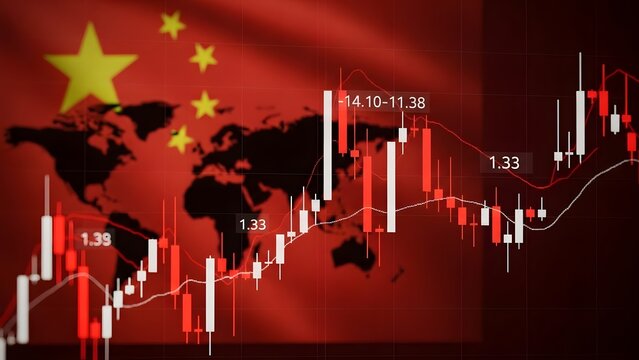 Chinese flag with stock market graph and world map in background showing financial data - Powered by Adobe