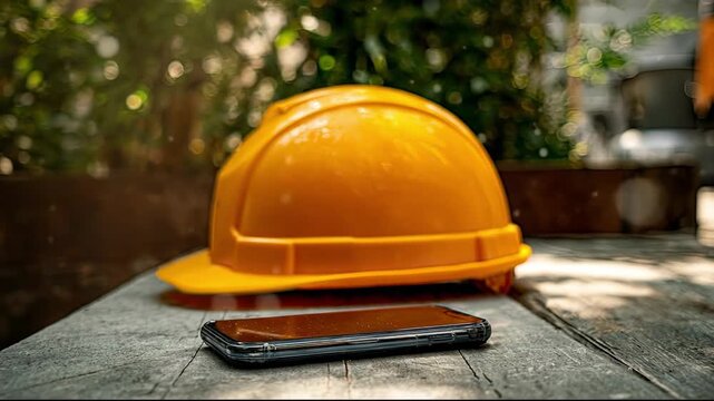 Yellow safety hard hat and smartphone resting on wooden table at outdoor construction site break area
