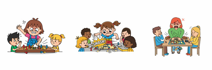 Cartoon Style Angry Children Playing and Fighting at a Table Illustration