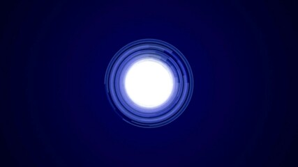 A bright central light source is surrounded by rotating blue concentric rings and circular HUD elements against a dark navy blue technological background. - Powered by Adobe