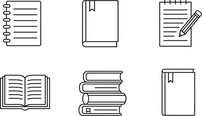 Notebook and book icon set with spiral binder bookmark pencil and stacked volumes for journaling office supplies and education.