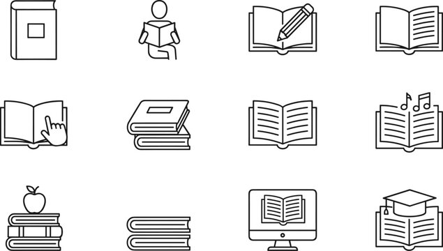 Education and library icon set featuring book stacks reading person graduation cap digital monitor and apple for academic learning.