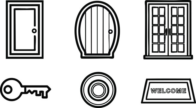 Line art icon set showing six entry related symbols including rectangular door and round hobbit style door double french doors key round peephole and welcome mat