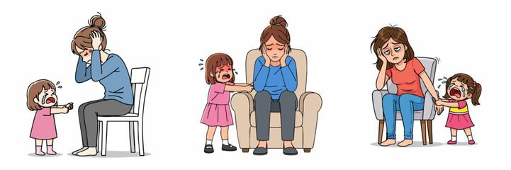 Cartoon Depressed Mother Character with Crying Child Illustration Set