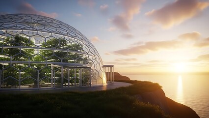 Fototapeta premium Futuristic Glass Dome Building on Cliffside During Sunset with Natural Lighting and Scenic Ocean View