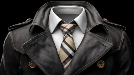 A man's necktie is shown in a close up. The tie is striped and is tied in a knot. The jacket is black and the shirt is white. The image is of a man dressed in a suit and tie