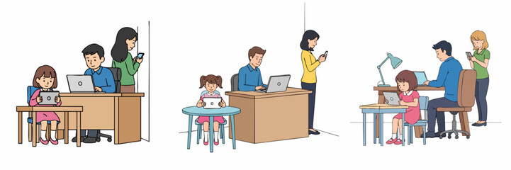Cartoon Family Scene Illustration Studying and Working from Home Concept