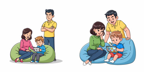 Colorful Handdrawn Family with Child Using Tablet Illustration