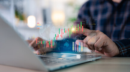 Businessman working analy forex trading graph financial data. Stock Market diagram chart Investments Funds and Digital Assets. Business finance technology and investment concept.