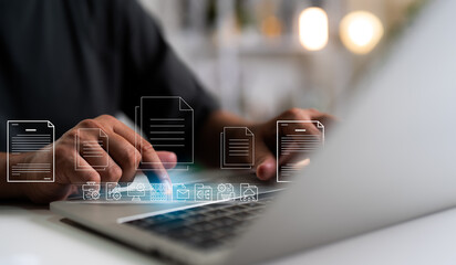 Digital data document management system (DMS), online documentation database process automation to efficiently manage files, knowledge and documentation in enterprise. Corporate business technology.