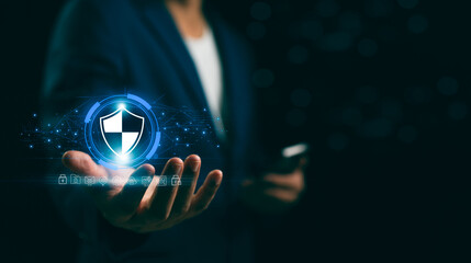 Businessman protecting with Padlock and internet technology data personal information, security encryption, cybersecurity, secure Internet access. Cyber security internet network data privacy concepts