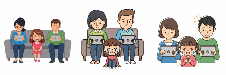 Flat Illustration Distracted Family Ignoring Crying Child with Digital Tablet