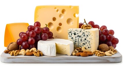 Assortment of gourmet cheeses including Swiss brie and blue varieties perfectly paired with fresh red grapes and a selection of mixed nuts for an elegant appetizer spread