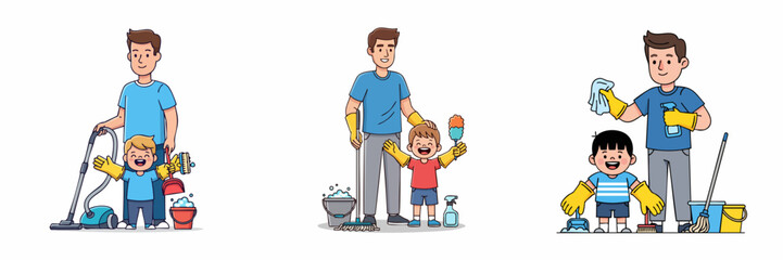 Handdrawn Father and Child Team Cleaning House Together Illustration Set