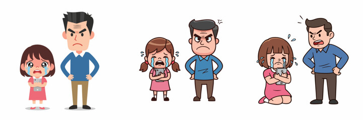 Cartoon Illustration Set Showing Father Scolding Crying Daughter in Various Poses
