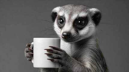 A cute animal holding a white cup. The animal is a raccoon and it is holding the cup in its paws