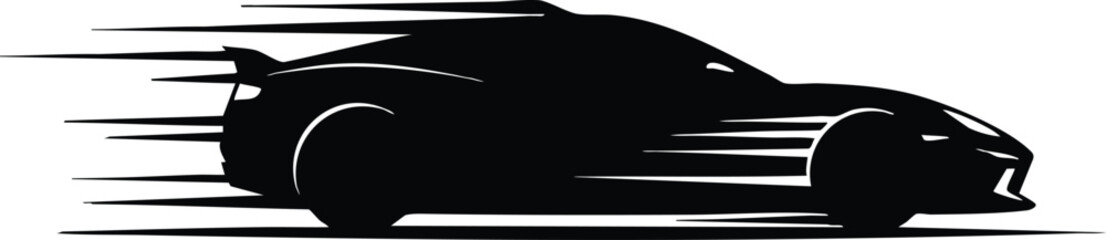 Minimalist vector silhouette sports car side view with speed lines motion streaks low angle profile on white background dynamic high contrast aerodynamic coupe rear spoiler fast
