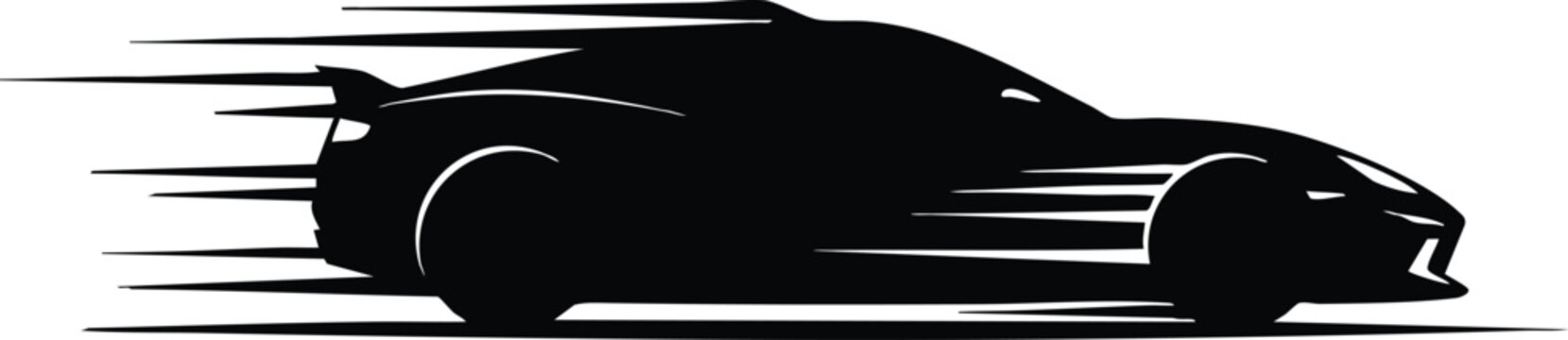 Minimalist vector silhouette sports car side view with speed lines motion streaks low angle profile on white background dynamic high contrast aerodynamic coupe rear spoiler fast