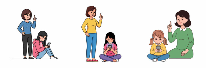 Simple Line Drawing Mother Scolding Daughter with Gadget Illustration