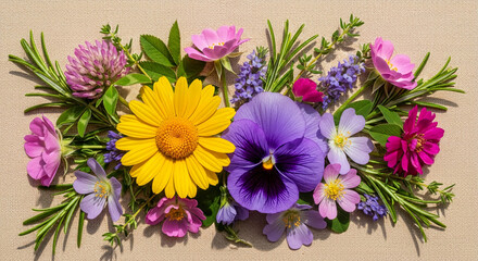 Colorful flower arrangement on beige fabric background featuring yellow daisy, purple pansy, pink roses, and herbs like rosemary and thyme, symbolizing springtime freshness and natural beauty