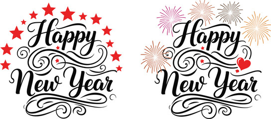 Happy New Year decorative lettering illustration set with elegant script typography stars fireworks and festive celebration elements © EdGe Creative