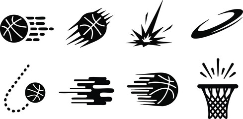 Flat design dynamic basketball motion icon set showing multiple flying basketballs hoops and impact streaks in vector art close up speed lines sporty black and white