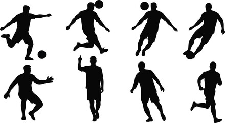 Minimalist silhouette vector set of eight male soccer players in action kicking dribbling heading running passing isolated on white background side view high contrast