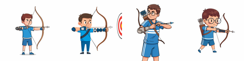 Cartoon Illustration of Boy Archer Aiming at Target Sport Character