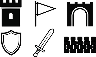 Flat design minimal medieval castle icon set with tower gate flag shield sword and brick wall close up bold line vector art for game ui menu