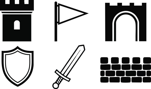 Flat design minimal medieval castle icon set with tower gate flag shield sword and brick wall close up bold line vector art for game ui menu
