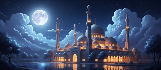 Illustrative Dreamy Mosque Scene with Moonlight and Starry Night Landscape