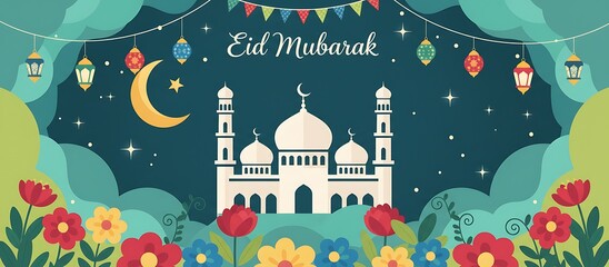 Modern Festive Eid Mubarak Celebration with Mosque and Floral Decoration Banner